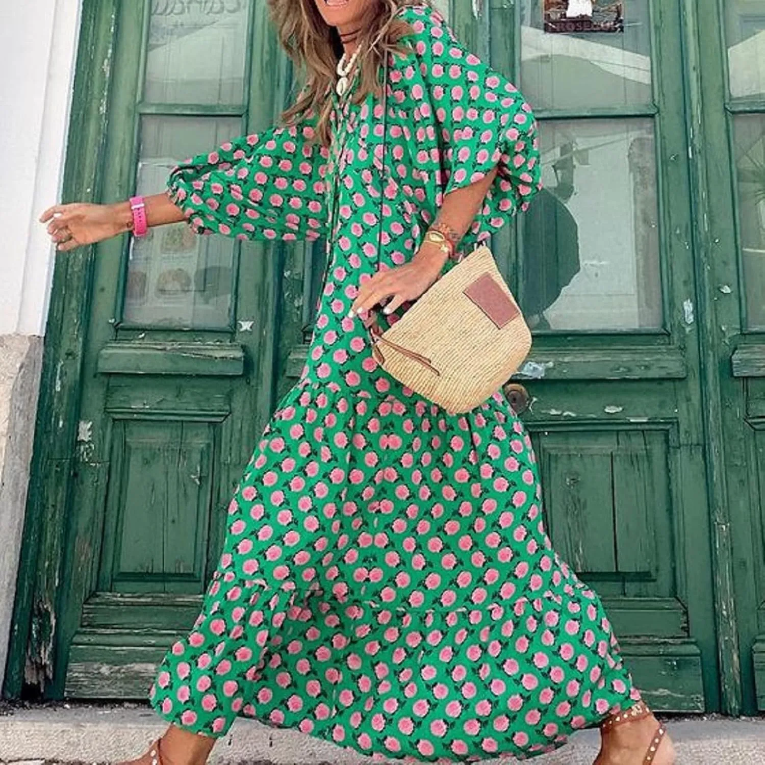 NUFIWI Women Short Puff Sleeve V Neck Maxi Dress Summer Boho Floral Printed Dress Smocked Tiered Flares Sundress