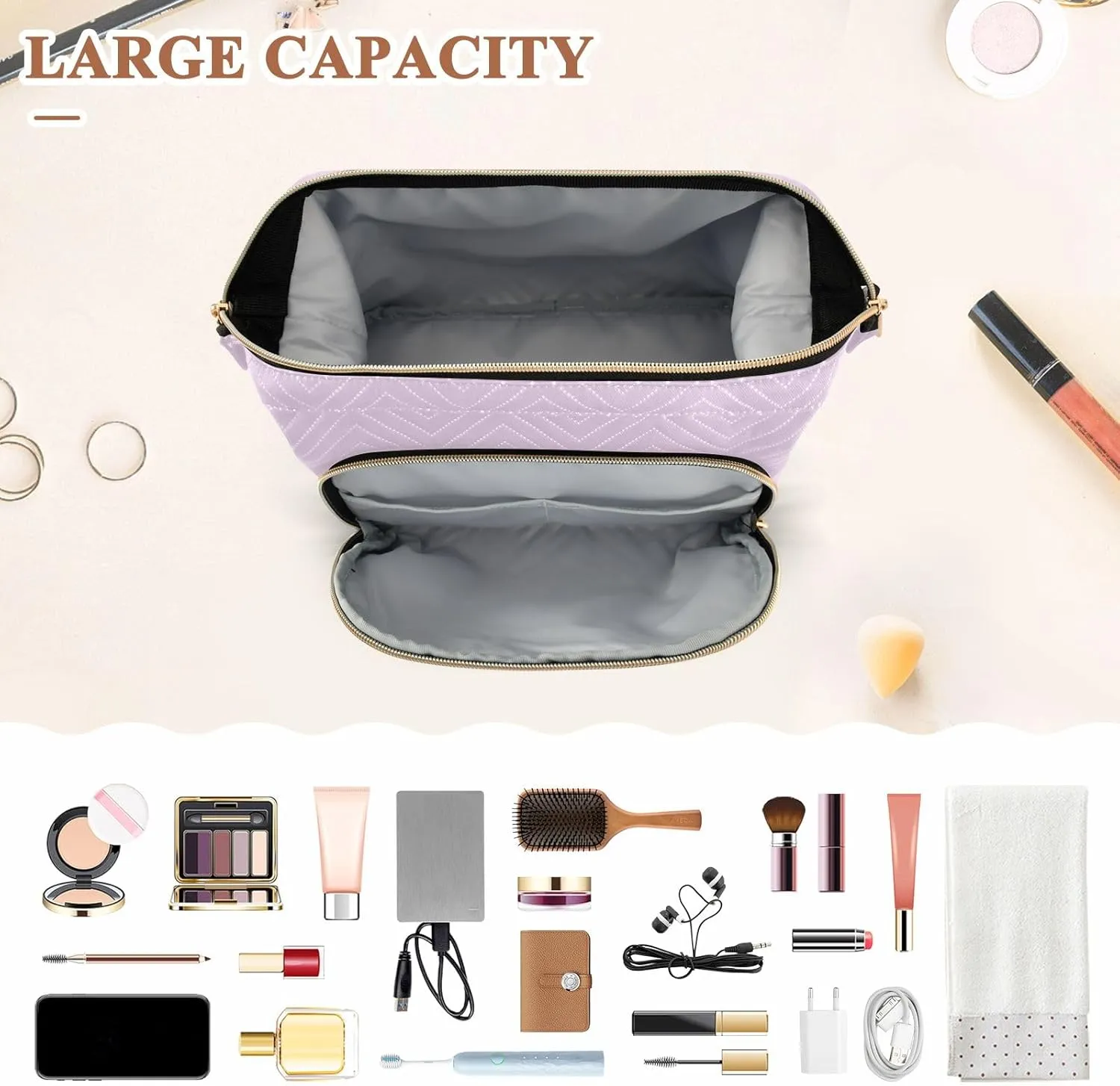 ODAWA Cosmetic Bags Pail Lilac Travel Cosmetic Organizer Zipper Pouch Travel Bags for Women Toiletry and Makeup