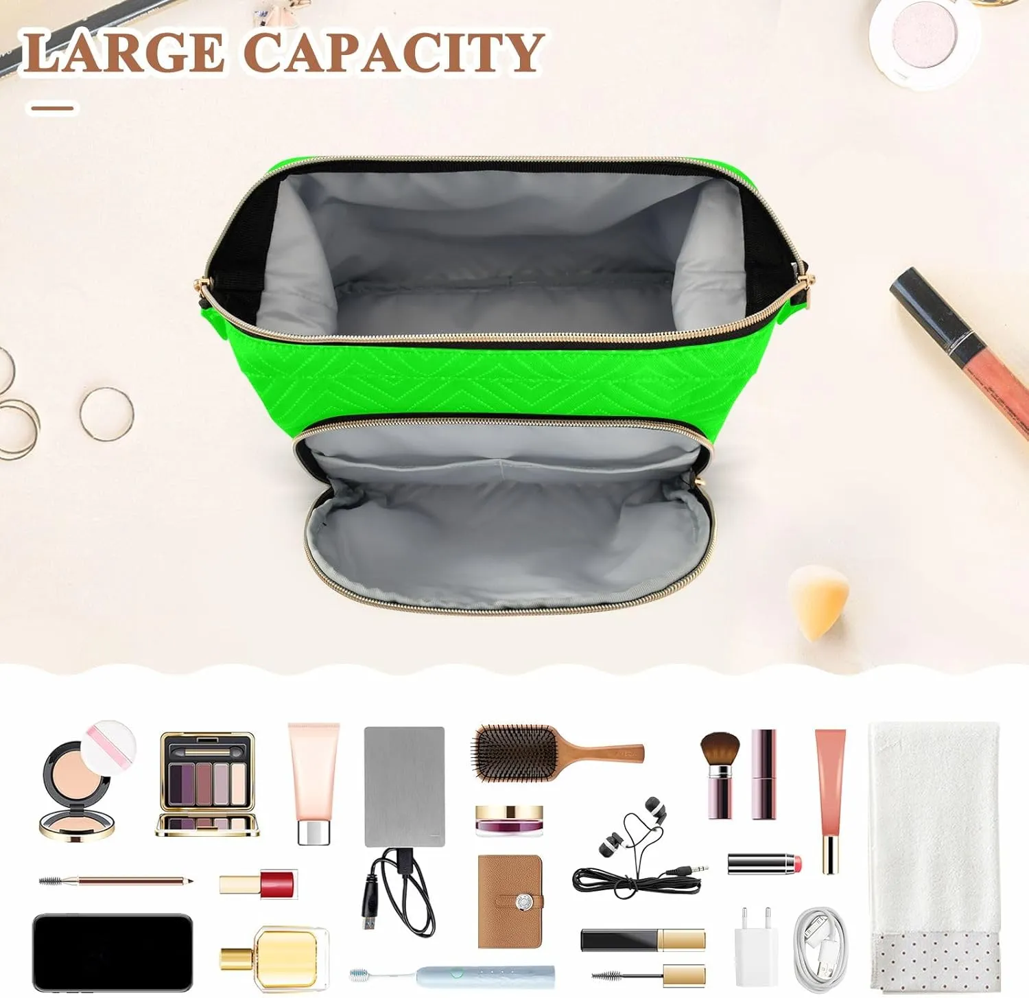 ODAWA Large Capacity Cosmetic Bag Lime Make up Bag Organizer Bag with 9-Piece Accessory Set, Travel Cosmetic Bag Organizer Bag for Makeup