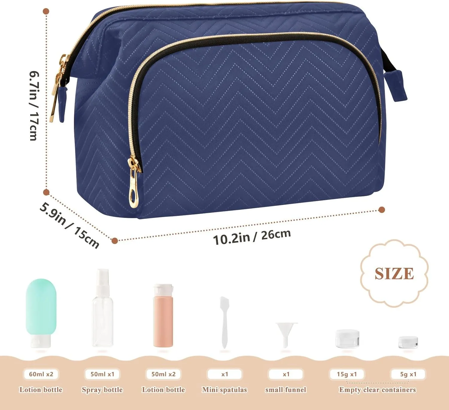 ODAWA Noble Blue Quilted Cosmetic Bag with 9-Piece Accessory Set, Wide-open Cosmetic Travel Bags Cosmetic Bags for Women for Purse