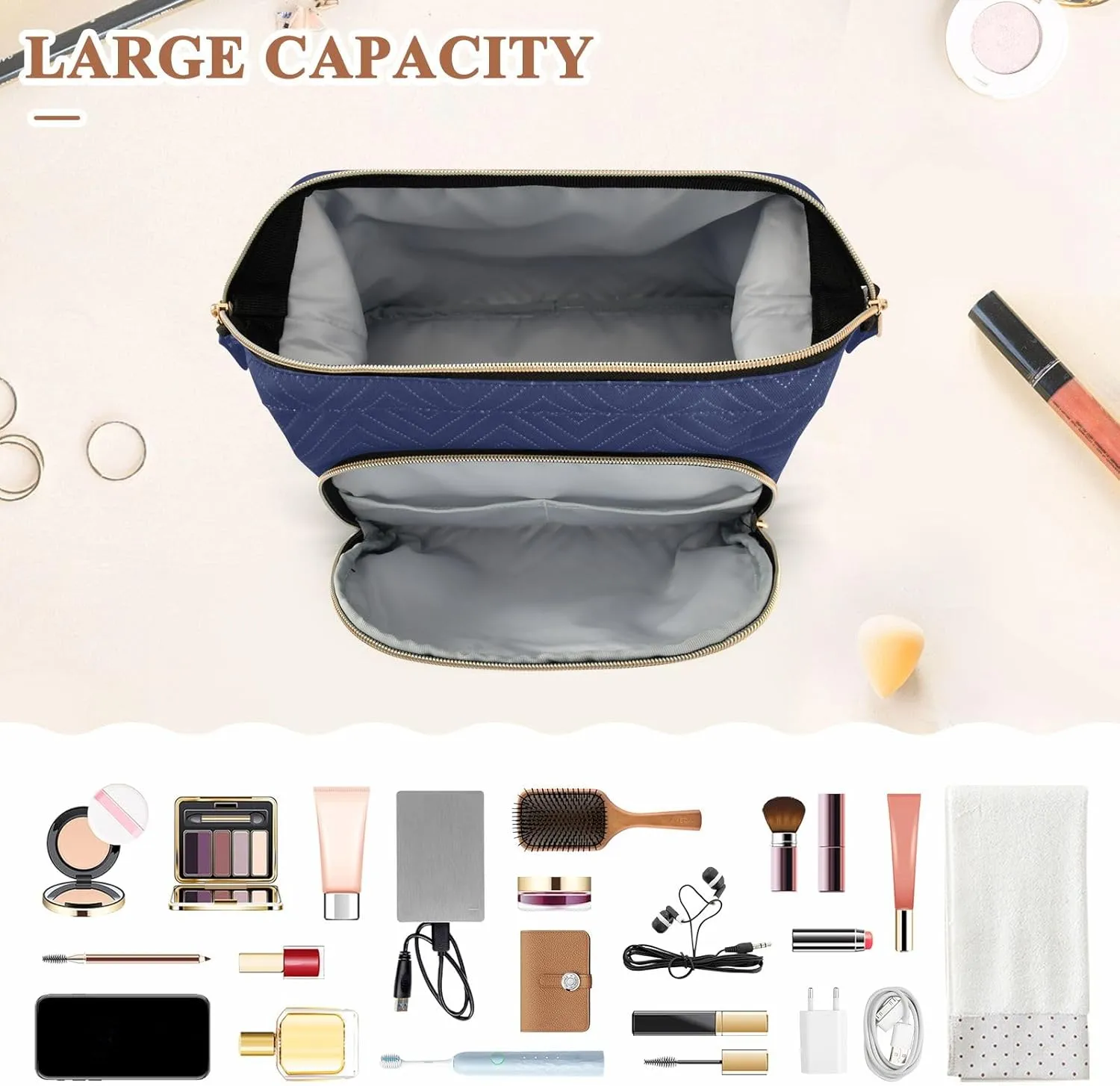 ODAWA Noble Blue Quilted Cosmetic Bag with 9-Piece Accessory Set, Wide-open Cosmetic Travel Bags Cosmetic Bags for Women for Purse