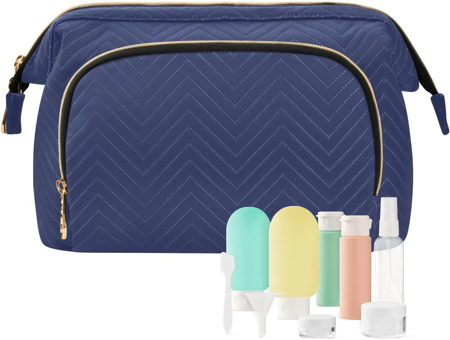ODAWA Noble Blue Quilted Cosmetic Bag with 9-Piece Accessory Set, Wide-open Cosmetic Travel Bags Cosmetic Bags for Women for Purse
