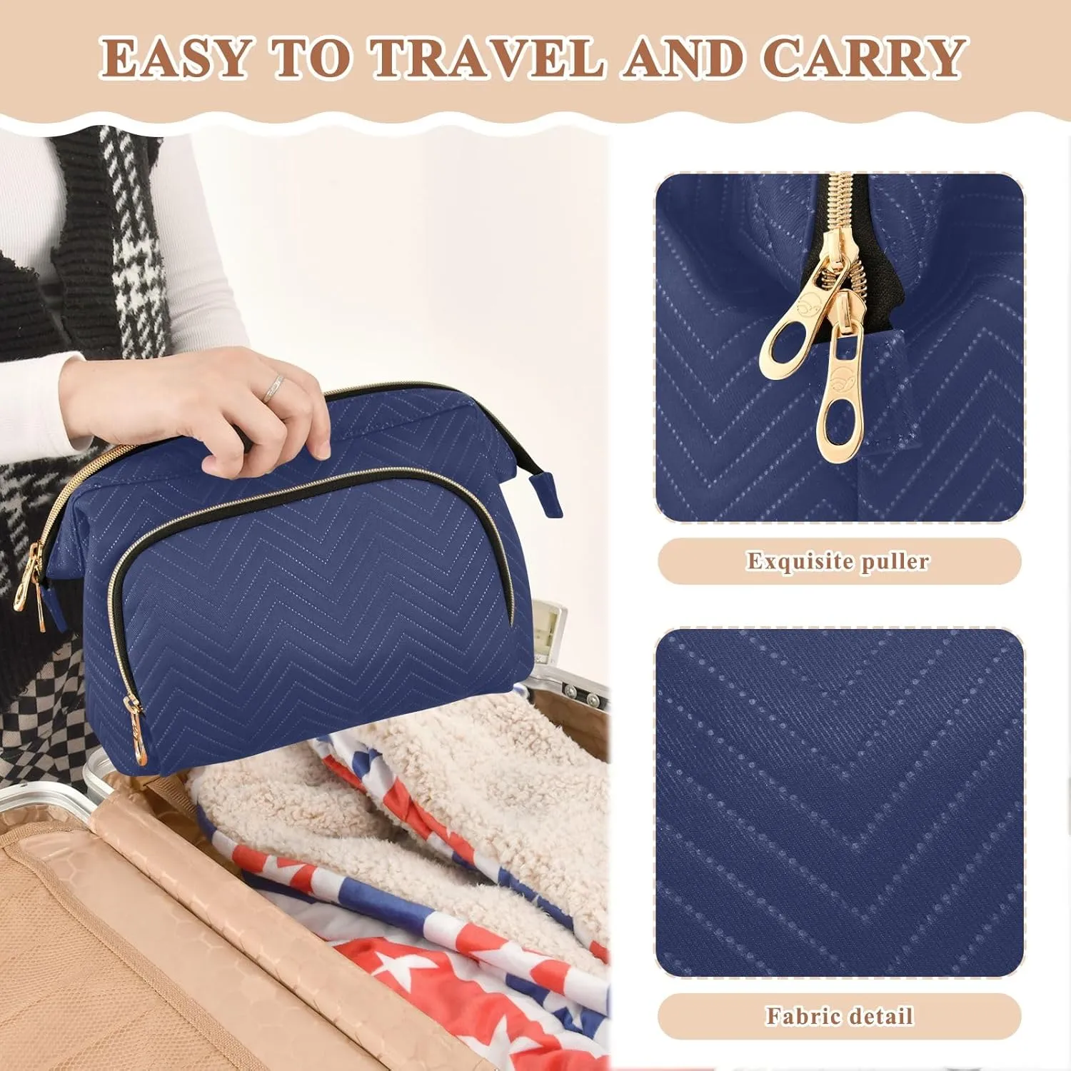 ODAWA Noble Blue Quilted Cosmetic Bag with 9-Piece Accessory Set, Wide-open Cosmetic Travel Bags Cosmetic Bags for Women for Purse