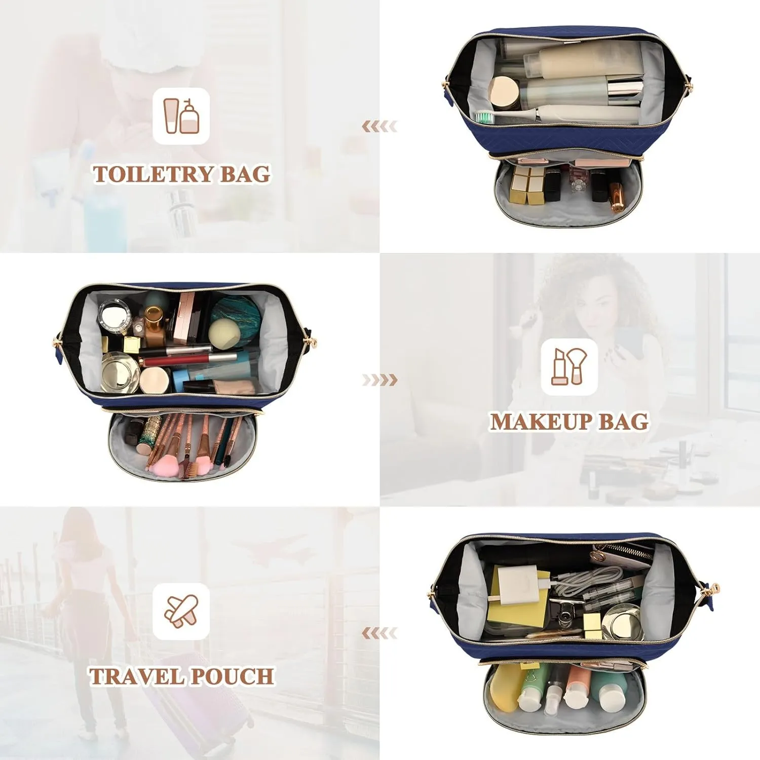ODAWA Noble Blue Quilted Cosmetic Bag with 9-Piece Accessory Set, Wide-open Cosmetic Travel Bags Cosmetic Bags for Women for Purse