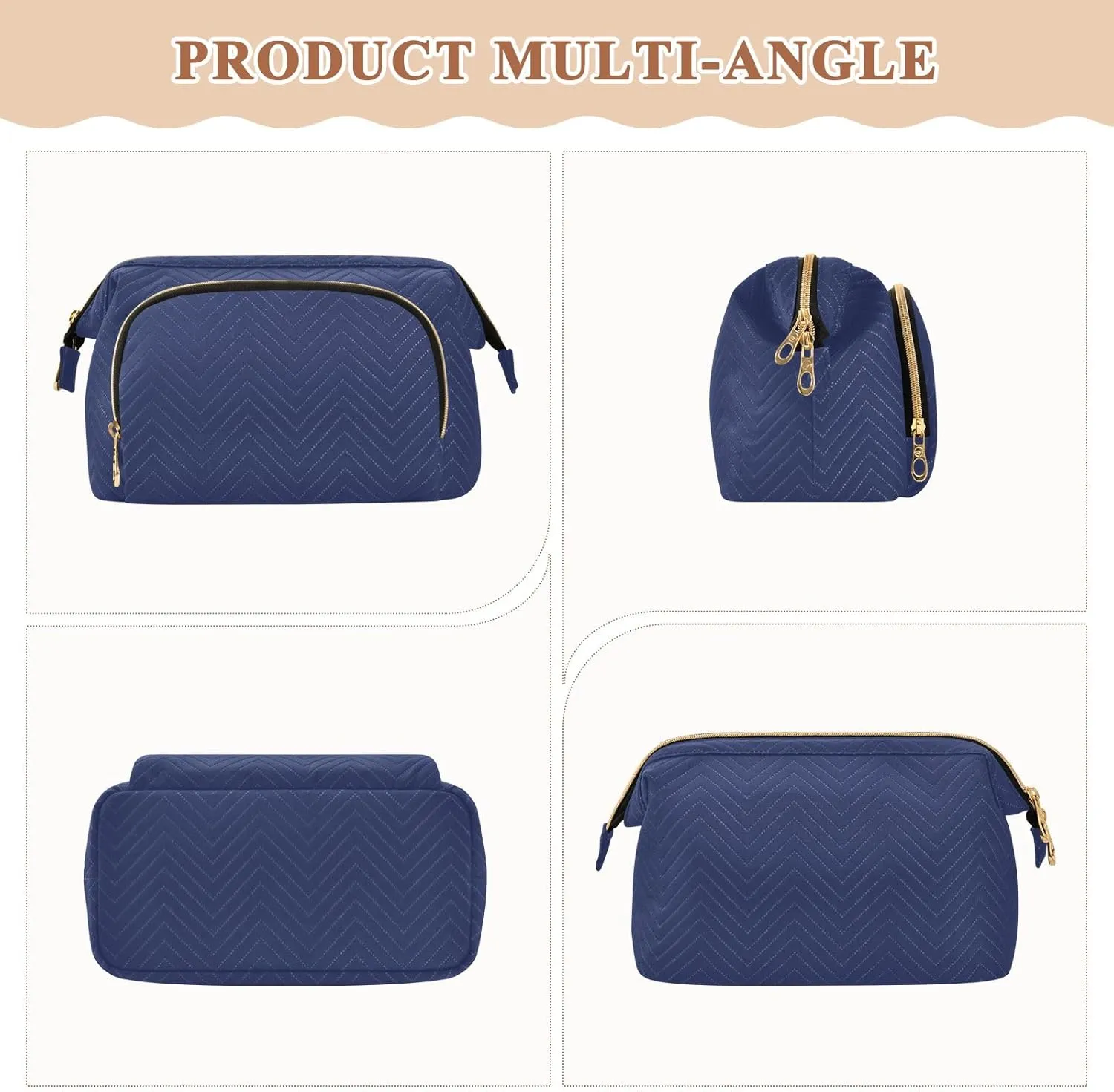 ODAWA Noble Blue Quilted Cosmetic Bag with 9-Piece Accessory Set, Wide-open Cosmetic Travel Bags Cosmetic Bags for Women for Purse