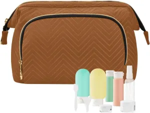 ODAWA Saddle Brown Quilted Cosmetic Bag with 9-Piece Accessory Set, Travel Makeup Organizer Case Travel Bags for Women Toiletry and Makeup