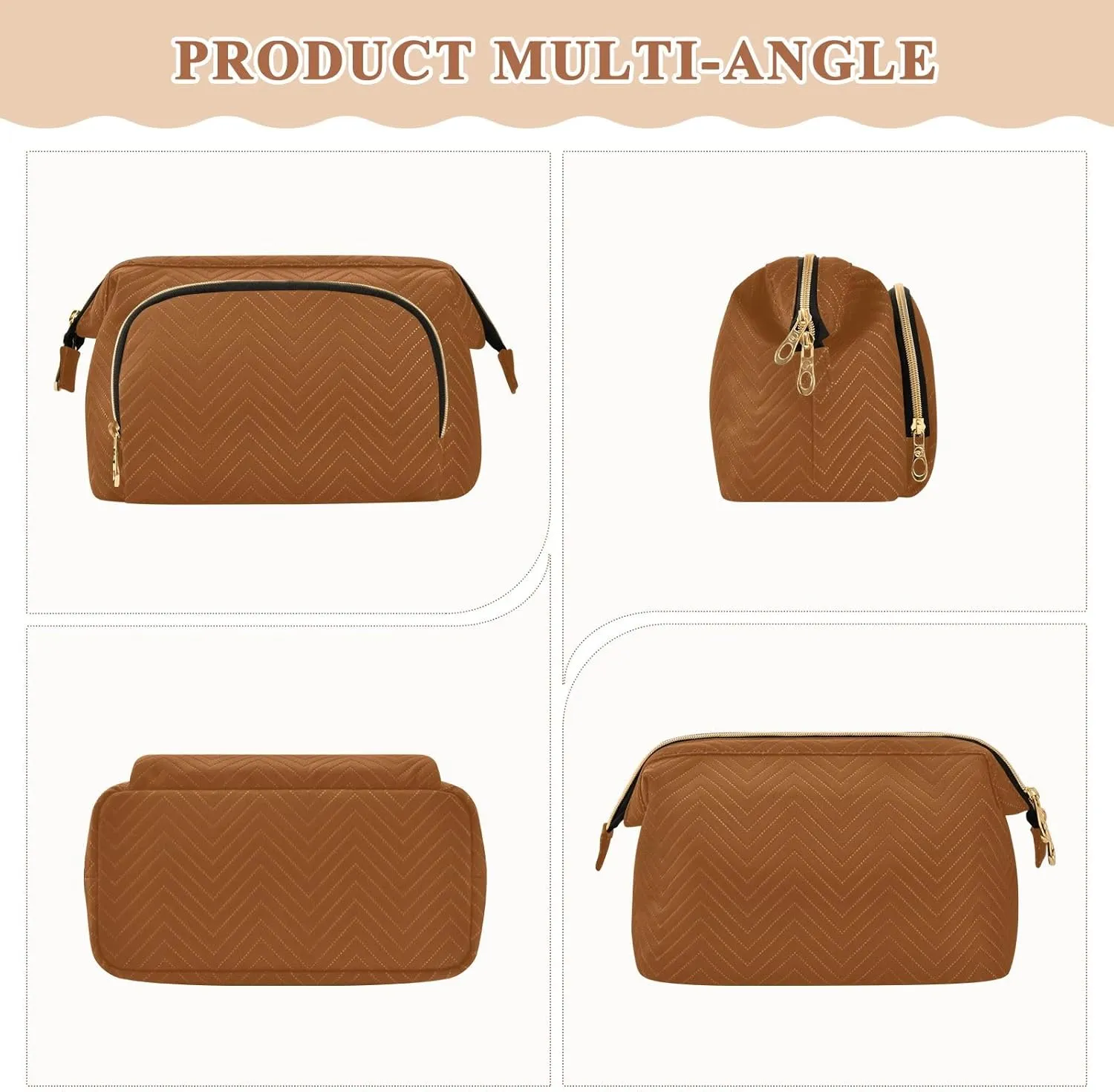 ODAWA Saddle Brown Quilted Cosmetic Bag with 9-Piece Accessory Set, Travel Makeup Organizer Case Travel Bags for Women Toiletry and Makeup
