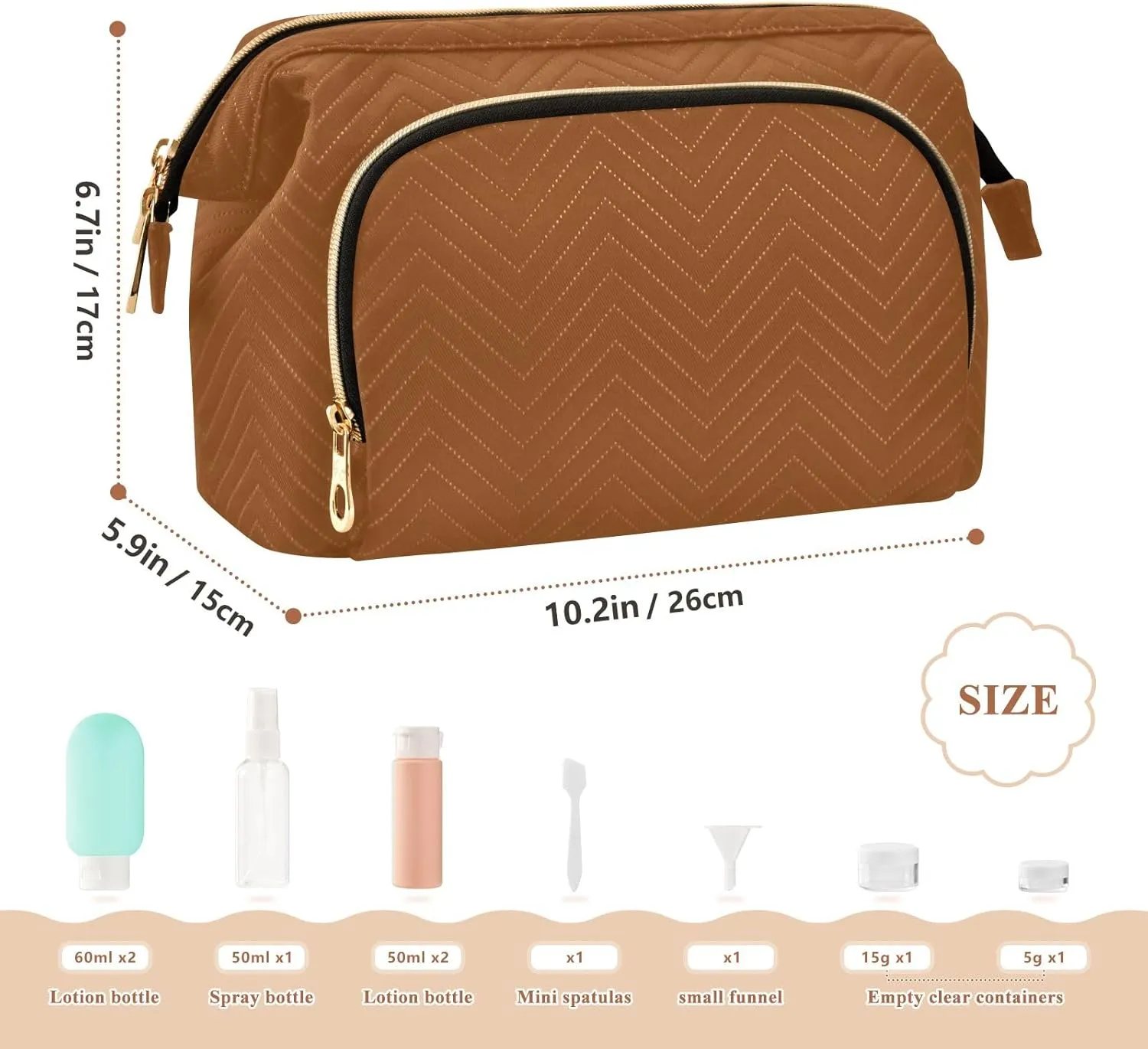 ODAWA Saddle Brown Quilted Cosmetic Bag with 9-Piece Accessory Set, Travel Makeup Organizer Case Travel Bags for Women Toiletry and Makeup
