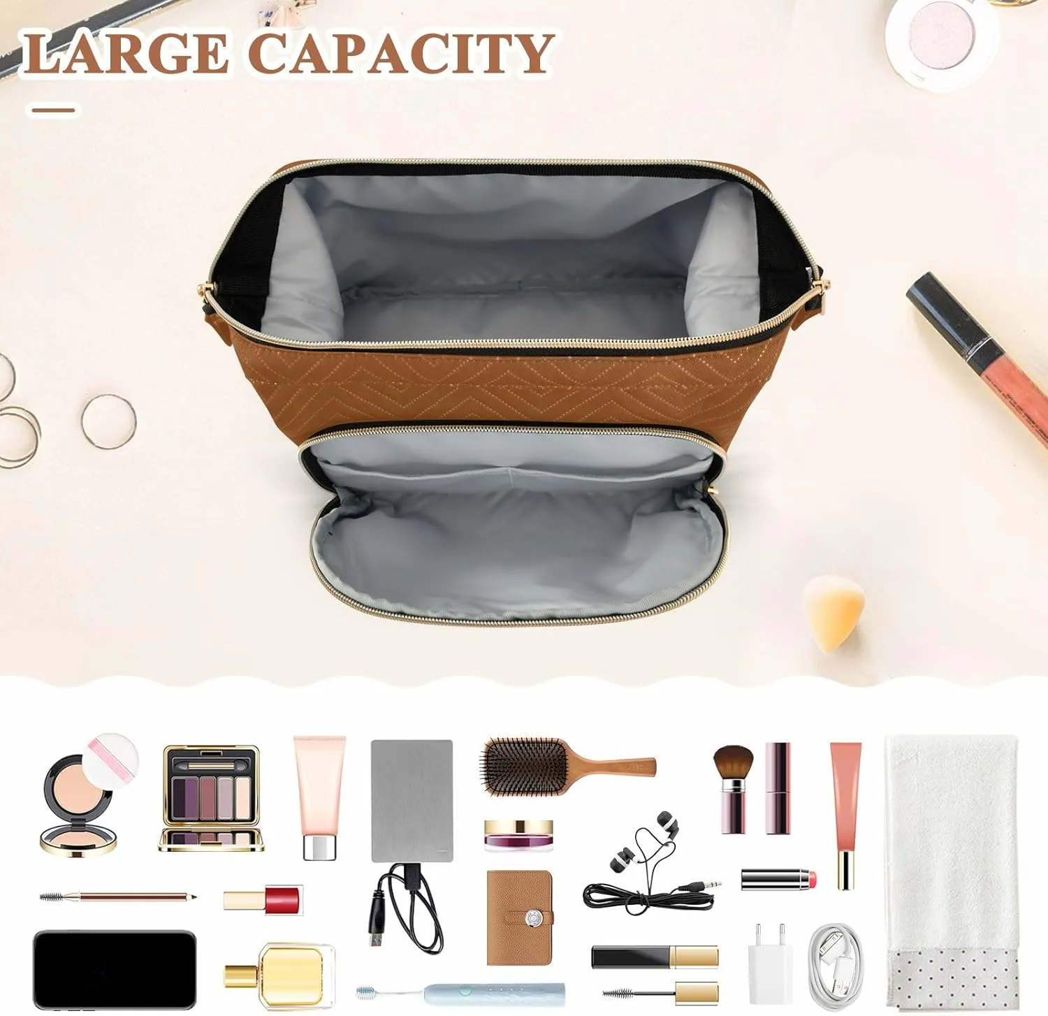 ODAWA Saddle Brown Quilted Cosmetic Bag with 9-Piece Accessory Set, Travel Makeup Organizer Case Travel Bags for Women Toiletry and Makeup