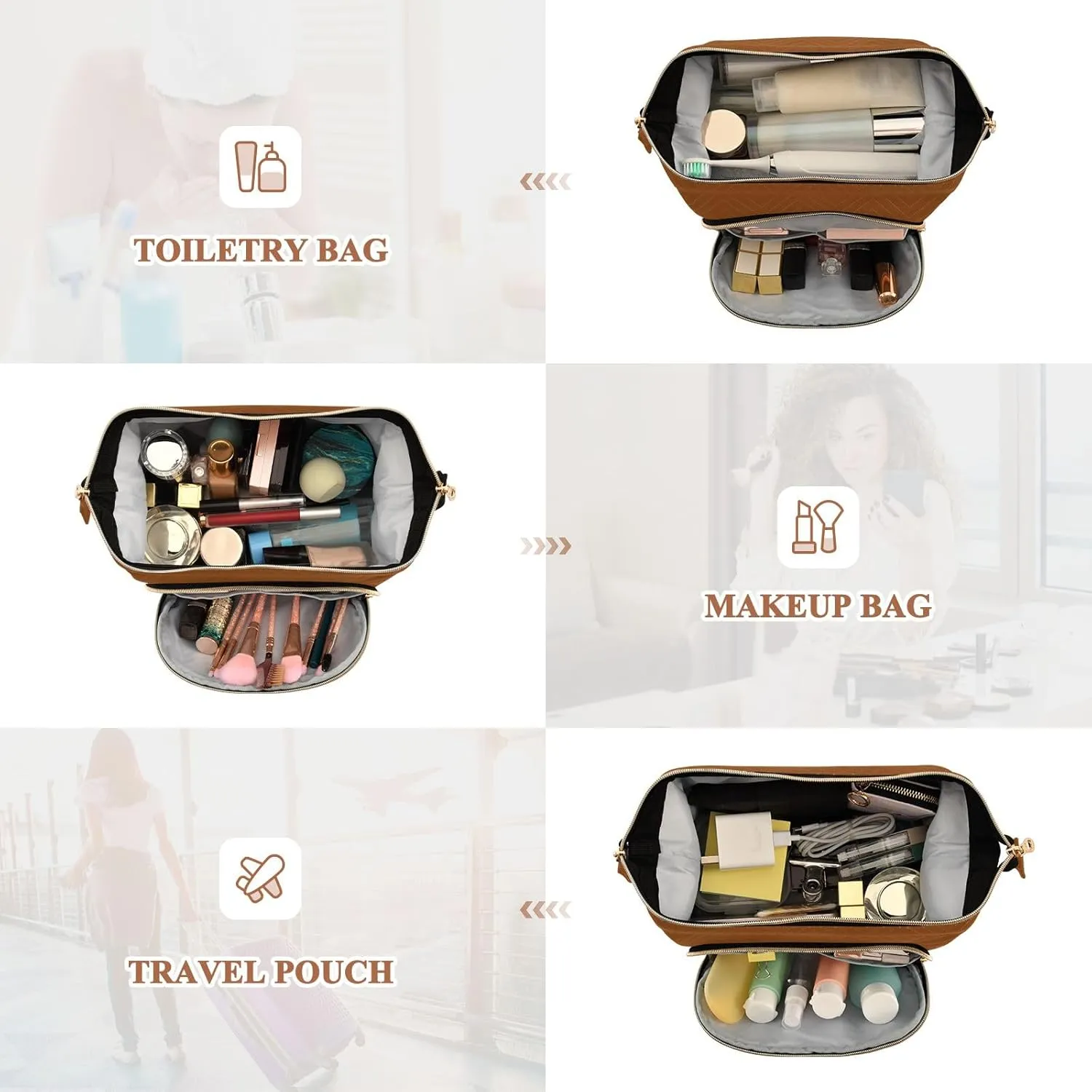 ODAWA Saddle Brown Quilted Cosmetic Bag with 9-Piece Accessory Set, Travel Makeup Organizer Case Travel Bags for Women Toiletry and Makeup