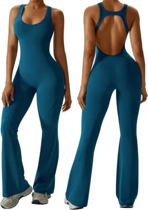 OEAK Womens Flare Jumpsuit with Bra Tummy Control Cutout Romper Workout Outfit Sleeveless Unitard One Piece Backless Bodysuit