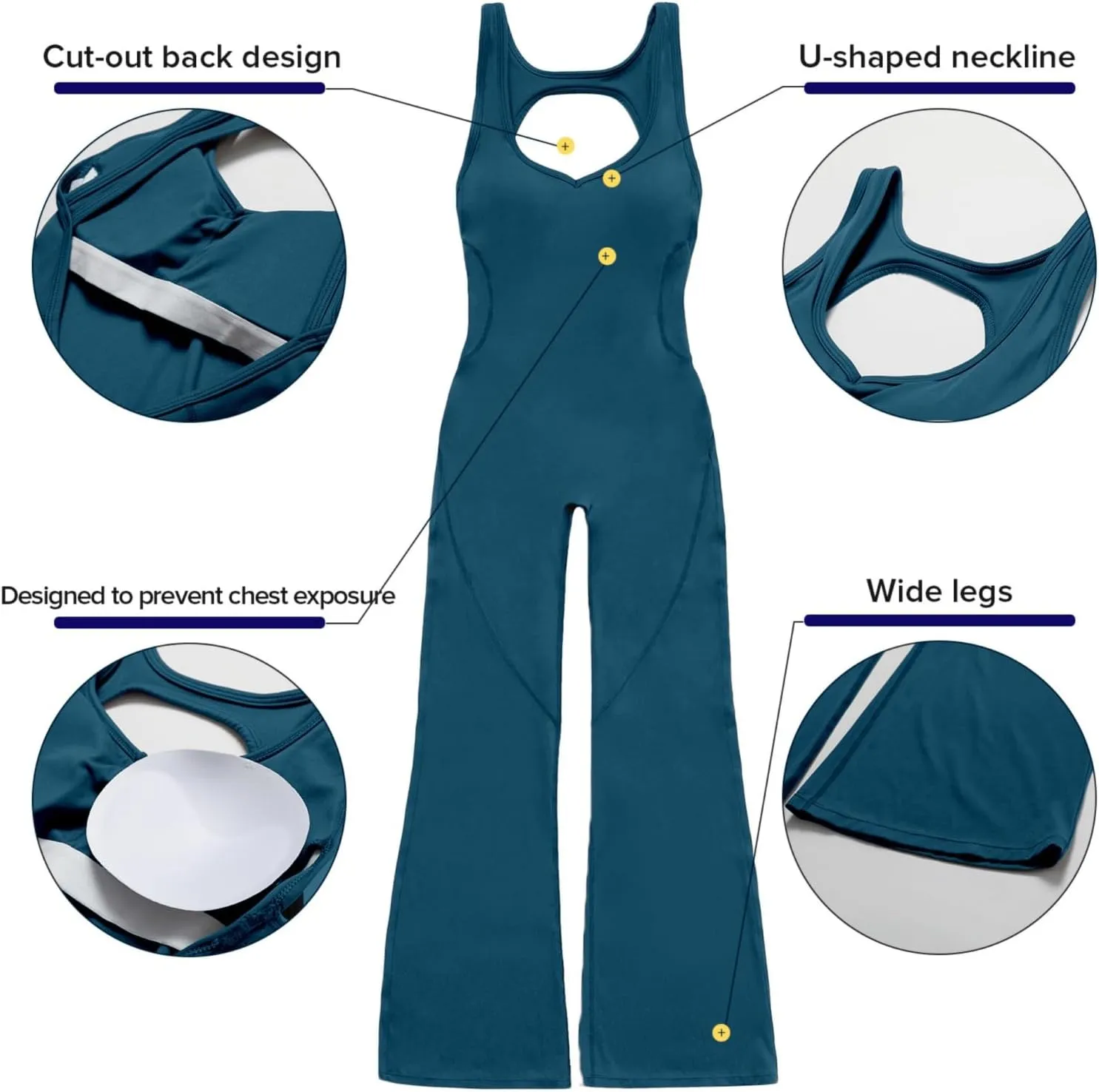 OEAK Womens Flare Jumpsuit with Bra Tummy Control Cutout Romper Workout Outfit Sleeveless Unitard One Piece Backless Bodysuit