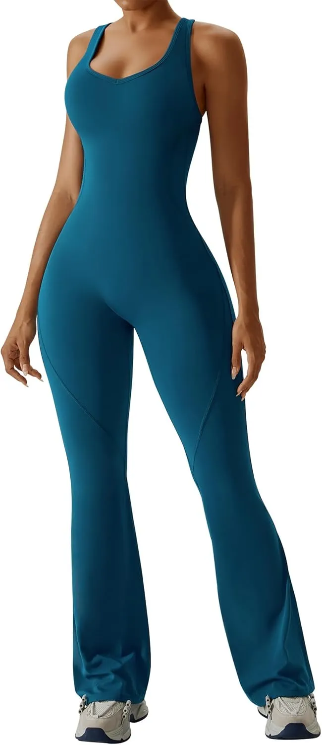 OEAK Womens Flare Jumpsuit with Bra Tummy Control Cutout Romper Workout Outfit Sleeveless Unitard One Piece Backless Bodysuit