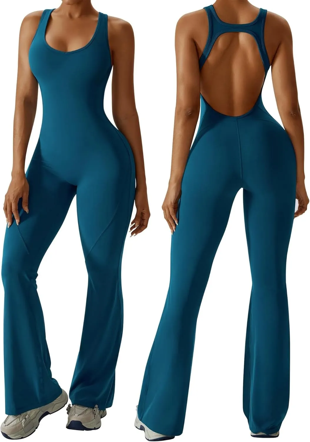 OEAK Womens Flare Jumpsuit with Bra Tummy Control Cutout Romper Workout Outfit Sleeveless Unitard One Piece Backless Bodysuit