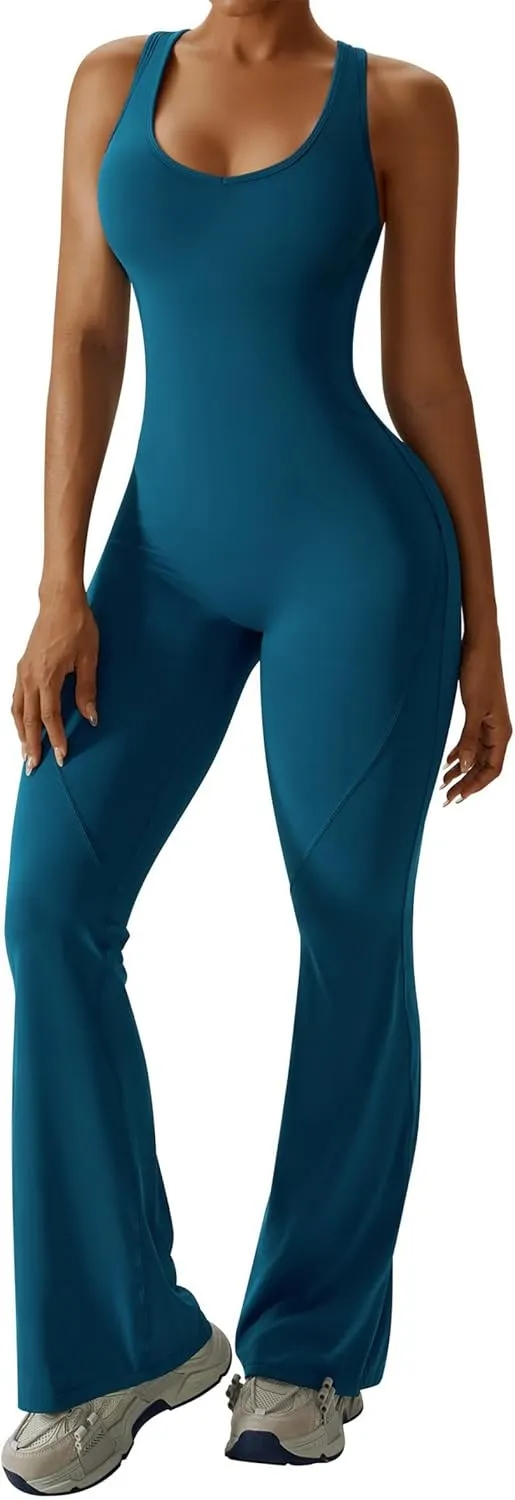 OEAK Womens Flare Jumpsuit with Bra Tummy Control Cutout Romper Workout Outfit Sleeveless Unitard One Piece Backless Bodysuit