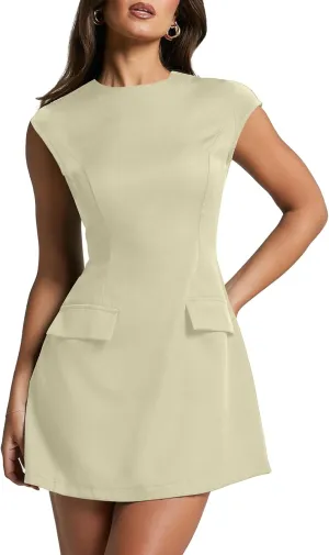 oten Women's Sexy Cap Sleeve Mock Neck Mini Dress A-Line Flare Club Night Out Party Short Dresses