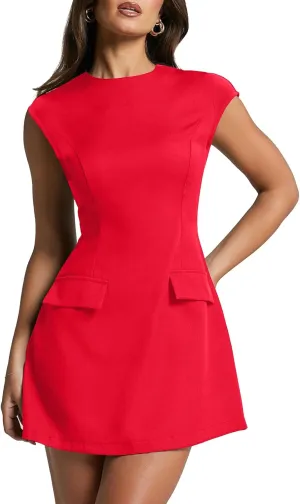 oten Women's Sexy Cap Sleeve Mock Neck Mini Dress A-Line Flare Club Night Out Party Short Dresses