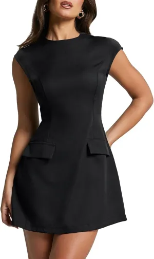 oten Women's Sexy Cap Sleeve Mock Neck Mini Dress A-Line Flare Club Night Out Party Short Dresses
