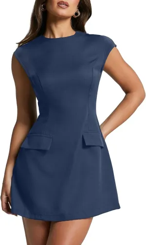 oten Women's Sexy Cap Sleeve Mock Neck Mini Dress A-Line Flare Club Night Out Party Short Dresses