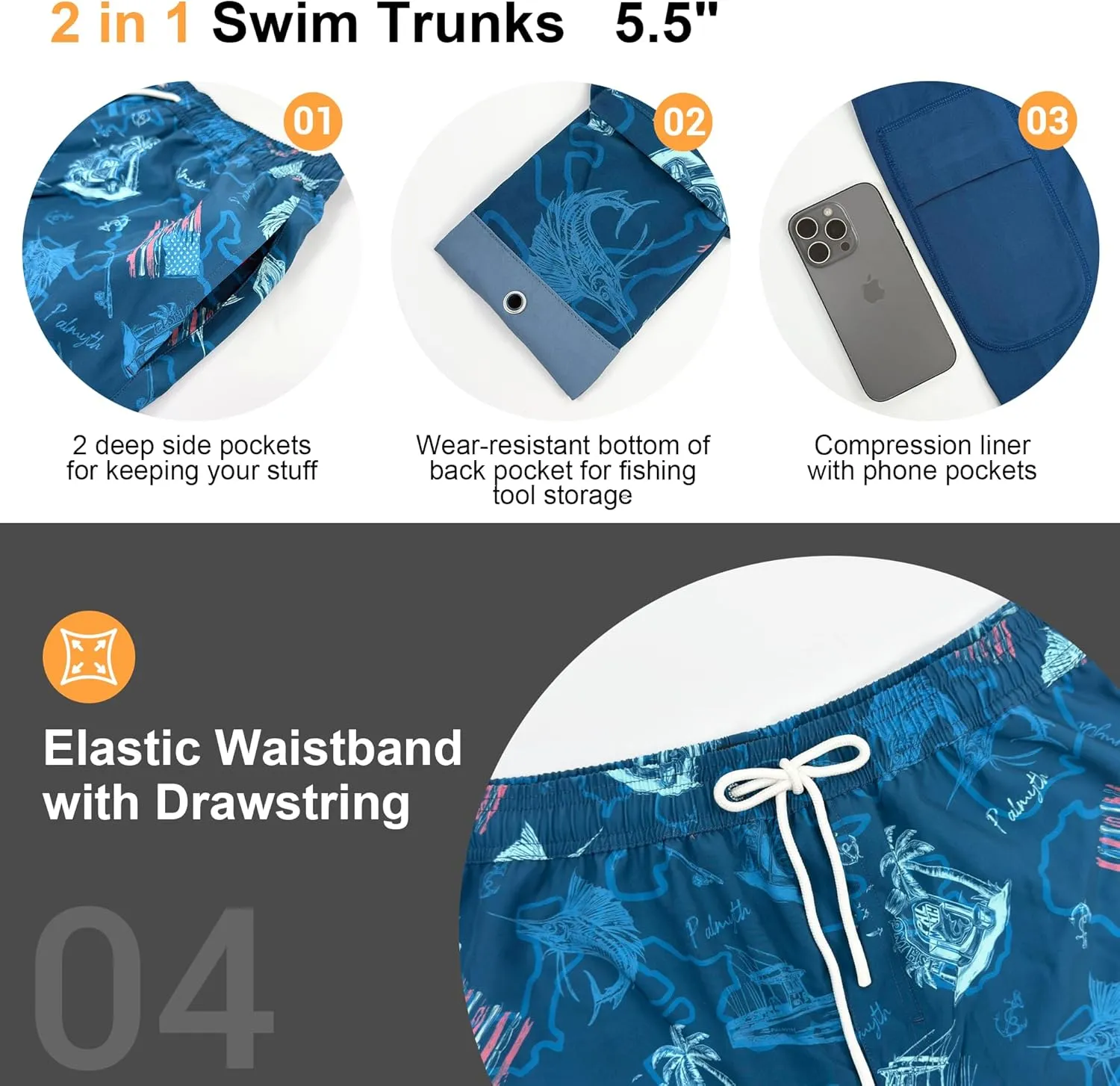 Palmyth 2 in 1 Mens Swim Trunks with Compression Liner 5 Inch Quick Dry Men's Swim Suit with Pockets