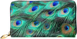 Peacock Feathers Green Blue Leather Wallet Credit Card Holder Wallet Fashion Wristlet Wallet Clutch Purse For Women And Men