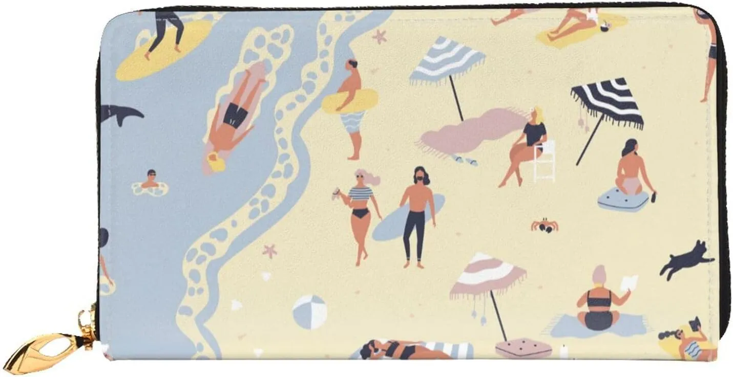 People On Beach Vacation Leather Wallet Credit Card Holder Wallet Fashion Wristlet Wallet Clutch Purse For Women And Men
