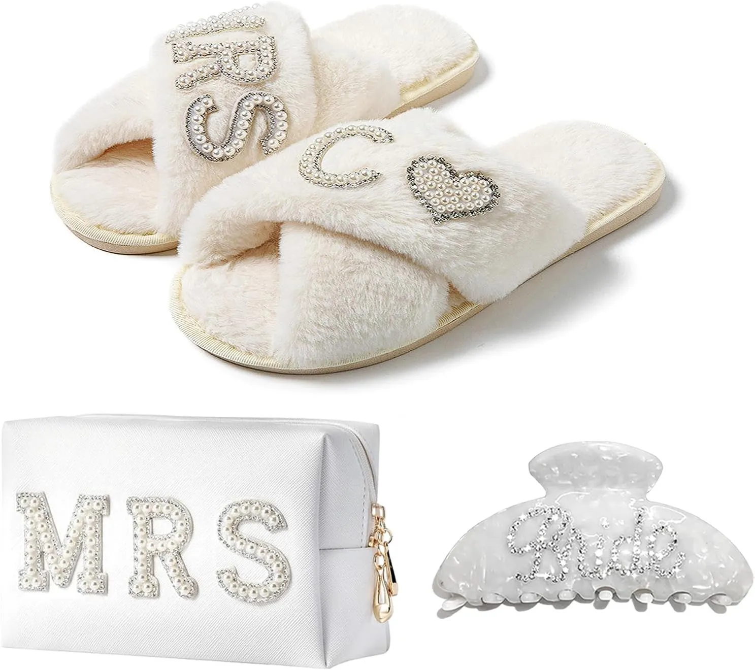 Personalized Initial Bridal Shower Gifts Box Set, Bride Slippers MRS Cosmetic Bag Bride Hair Clip Wedding Gifts for Bride, Bride to be Gifts bachelorette gifts