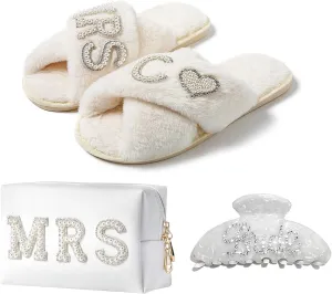 Personalized Initial Bridal Shower Gifts Box Set, Bride Slippers MRS Cosmetic Bag Bride Hair Clip Wedding Gifts for Bride, Bride to be Gifts bachelorette gifts