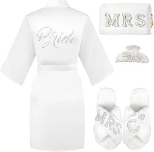 Personalized Initial Wedding Bride Slippers, Bridal Shower Gifts, to Be Gifts, Robe Hair Clip MRS Makeup Bag