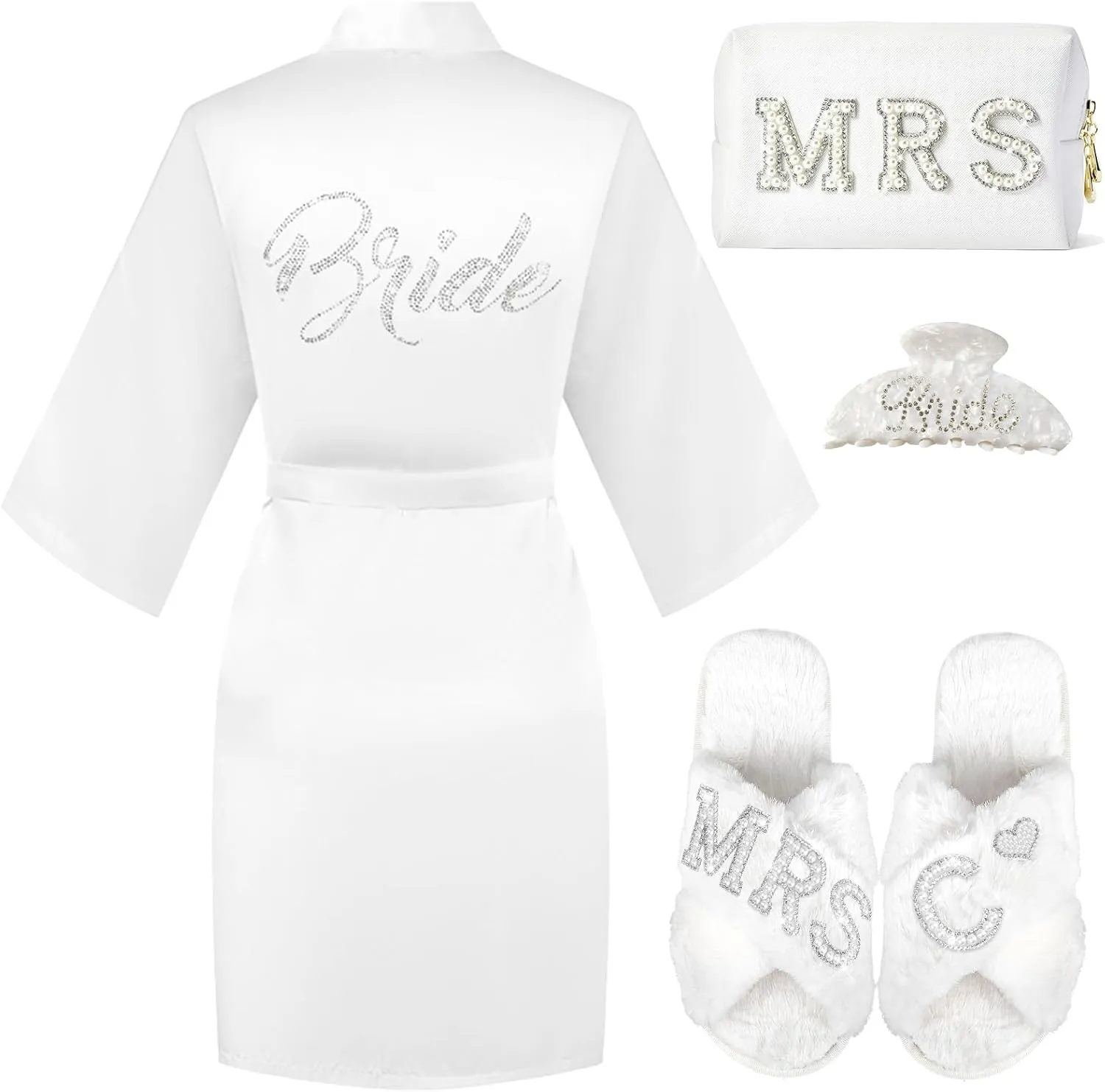 Personalized Initial Wedding Bride Slippers, Bridal Shower Gifts, to Be Gifts, Robe Hair Clip MRS Makeup Bag