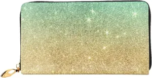 Peynir Aqua Teal Abstract Gold Glitter Leather Wallet Credit Card Holder Wallet Fashion Wristlet Wallet Clutch Purse For Women And Men