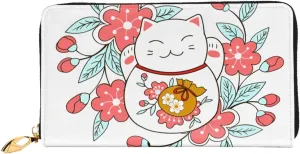 Peynir Luck Cat Flower Leather Wallet Credit Card Holder Wallet Fashion Wristlet Wallet Clutch Purse For Women And Men