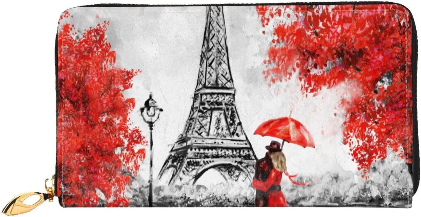 Peynir Paris Eiffel Tower Red Tree Leather Wallet Credit Card Holder Wallet Fashion Wristlet Wallet Clutch Purse For Women And Men