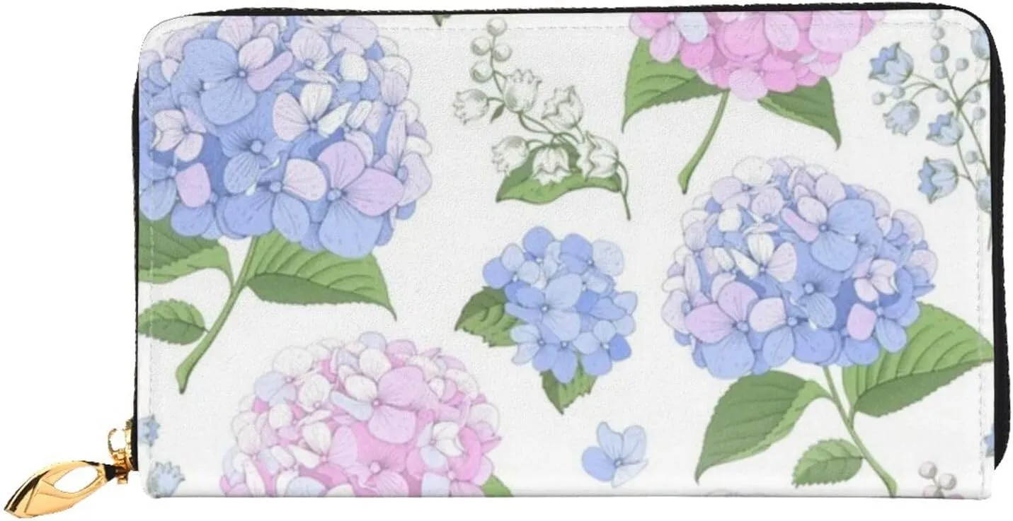 Peynir Pink And Blue Hydrangea Leather Wallet Credit Card Holder Wallet Fashion Wristlet Wallet Clutch Purse For Women And Men