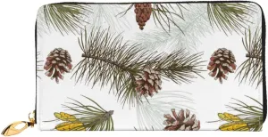 Pine Cones Tree Branch Leather Wallet Credit Card Holder Wallet Fashion Wristlet Wallet Clutch Purse For Women And Men