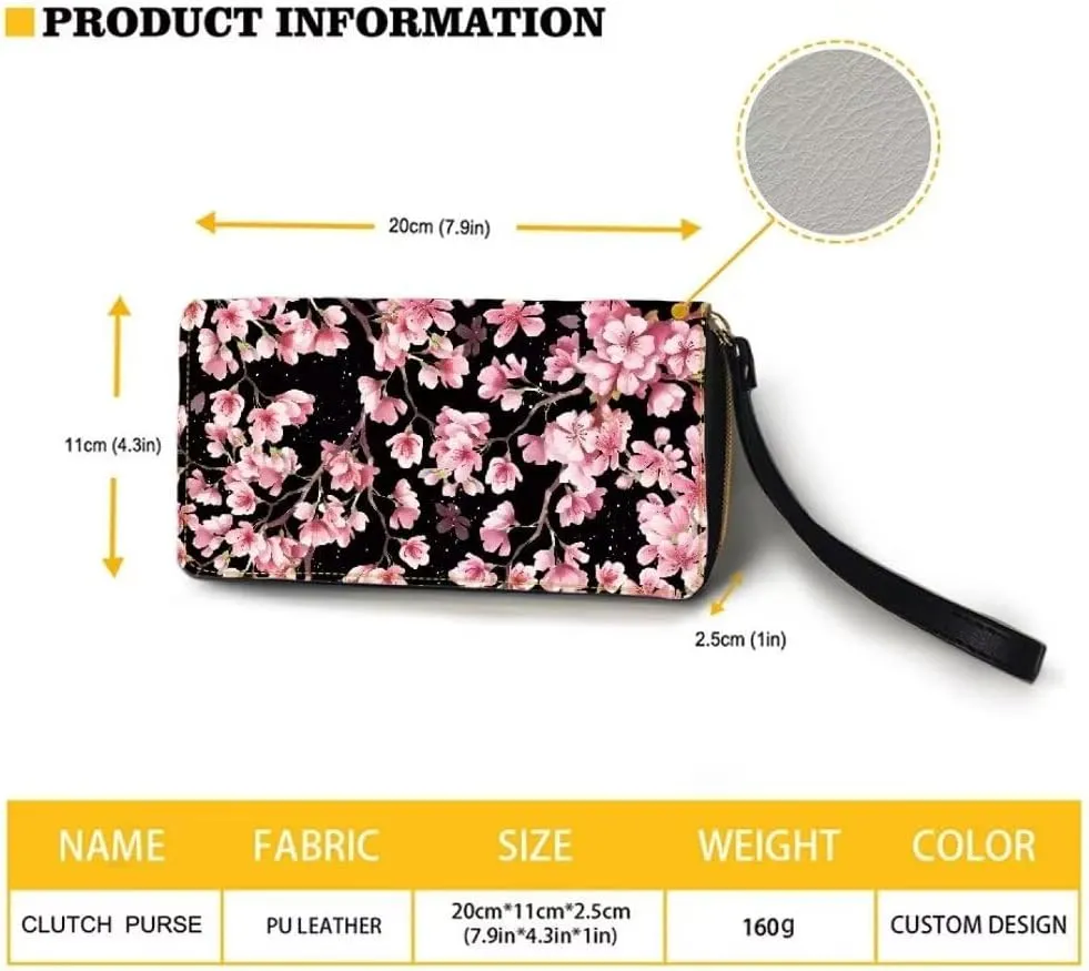 Pink Cherry Blossom Wristlet Wallet for Women Leather Slim Wallet Zip Around Clutch Travel Purse Money Clips Card Case