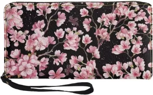 Pink Cherry Blossom Wristlet Wallet for Women Leather Slim Wallet Zip Around Clutch Travel Purse Money Clips Card Case