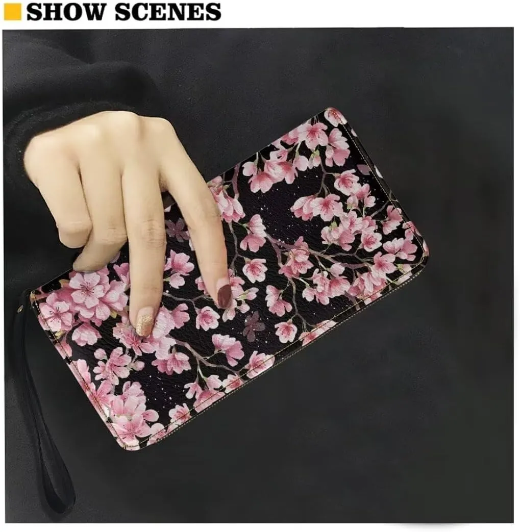 Pink Cherry Blossom Wristlet Wallet for Women Leather Slim Wallet Zip Around Clutch Travel Purse Money Clips Card Case