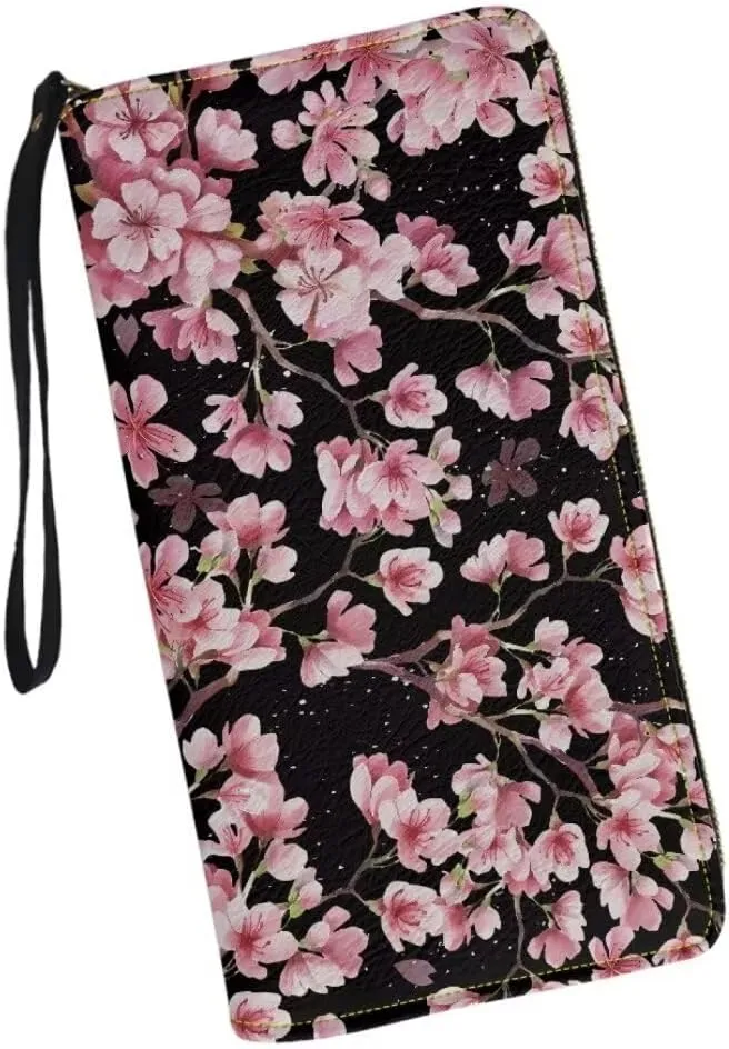 Pink Cherry Blossom Wristlet Wallet for Women Leather Slim Wallet Zip Around Clutch Travel Purse Money Clips Card Case