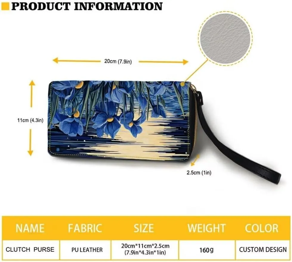 Pinupub Clutch Wallet For Women Girls Blue Irises Print Travel Business Shopping Money Clips Handbag Purse Zipper Clutch Bag With Wristlet Strap