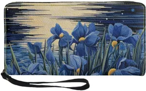 Pinupub Clutch Wallet For Women Girls Blue Irises Print Travel Business Shopping Money Clips Handbag Purse Zipper Clutch Bag With Wristlet Strap