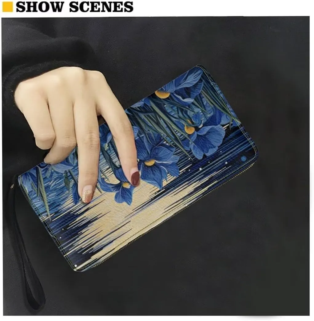 Pinupub Clutch Wallet For Women Girls Blue Irises Print Travel Business Shopping Money Clips Handbag Purse Zipper Clutch Bag With Wristlet Strap