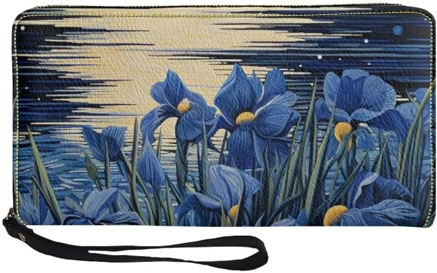 Pinupub Clutch Wallet For Women Girls Blue Irises Print Travel Business Shopping Money Clips Handbag Purse Zipper Clutch Bag With Wristlet Strap