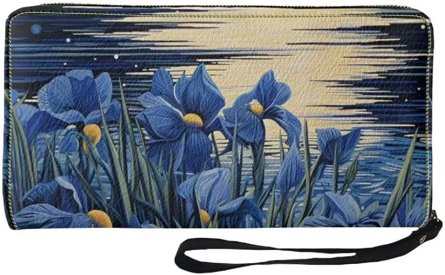 Pinupub Clutch Wallet For Women Girls Blue Irises Print Travel Business Shopping Money Clips Handbag Purse Zipper Clutch Bag With Wristlet Strap