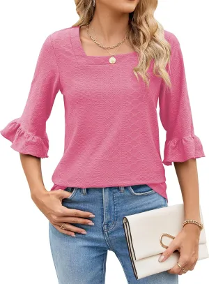 Poetsky Women's Casual 3/4 Sleeve Eyelet Tops Dressy Square Neck T Shirts Loose Fit Ruffle Tunic Blouses