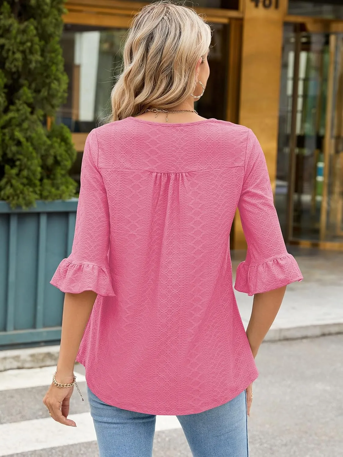 Poetsky Women's Casual 3/4 Sleeve Eyelet Tops Dressy Square Neck T Shirts Loose Fit Ruffle Tunic Blouses