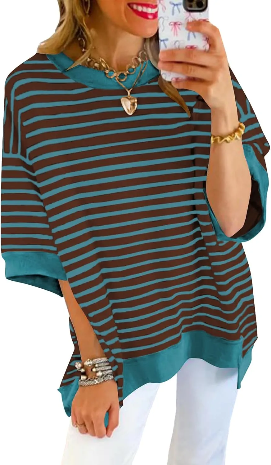Poetsky Womens Oversized Tops Casual Short Sleeve Striped Shirts Summer Crewneck Pullover Sweatshirt Loose Blouses