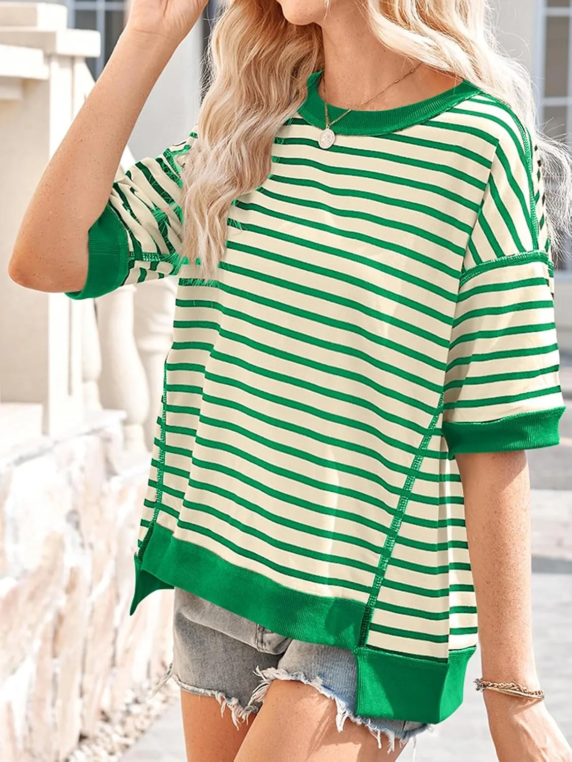 Poetsky Womens Oversized Tops Casual Short Sleeve Striped Shirts Summer Crewneck Pullover Sweatshirt Loose Blouses