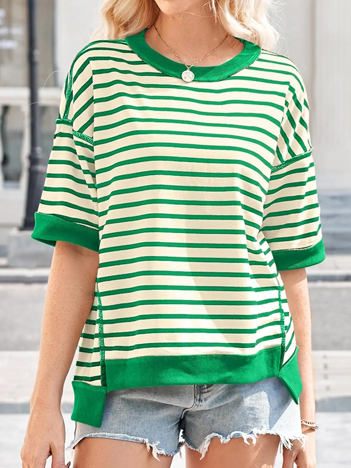 Poetsky Womens Oversized Tops Casual Short Sleeve Striped Shirts Summer Crewneck Pullover Sweatshirt Loose Blouses