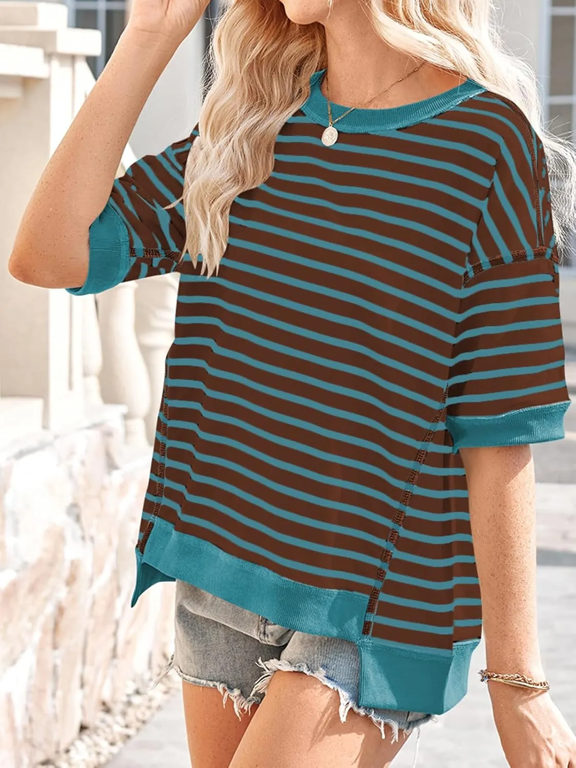 Poetsky Womens Oversized Tops Casual Short Sleeve Striped Shirts Summer Crewneck Pullover Sweatshirt Loose Blouses